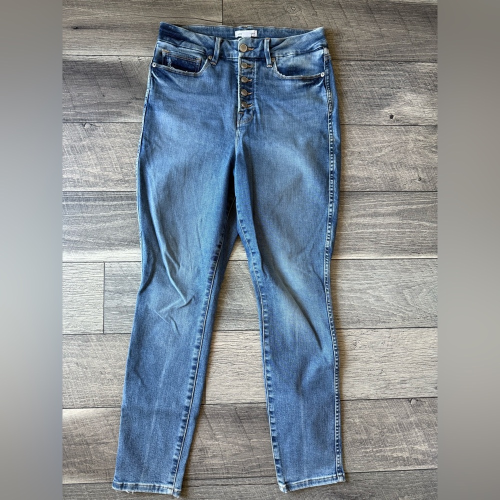 Good American High Rise Jeans Blue Denim Button Fly Ankle Skinny Size 10/30